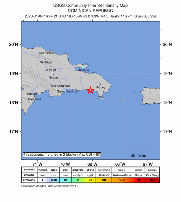 USGS DYFI community-reported intensity map for the M4.3 earthquake near 11 km W of La Romana, Dominican Republic