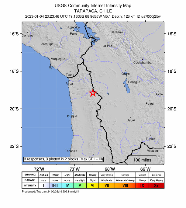 USGS DYFI community-reported intensity map for the M5.1 earthquake near 154 km SSW of Curahuara de Carangas, Bolivia