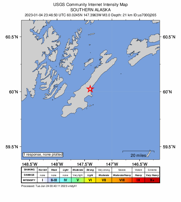USGS DYFI community-reported intensity map for the M2.8 earthquake near 34 km ESE of Chenega, Alaska
