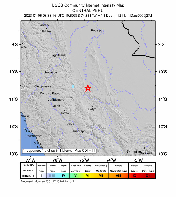 USGS DYFI community-reported intensity map for the M4.8 earthquake near 35 km N of Santa Rosa, Peru