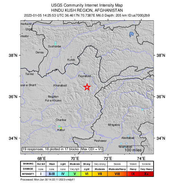 USGS DYFI community-reported intensity map for the M6.0 earthquake near 44 km S of Jurm, Afghanistan