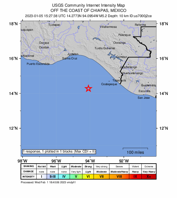 USGS DYFI community-reported intensity map for the M5.2 earthquake near 163 km SW of La Esperanza (El Zapotal), Mexico