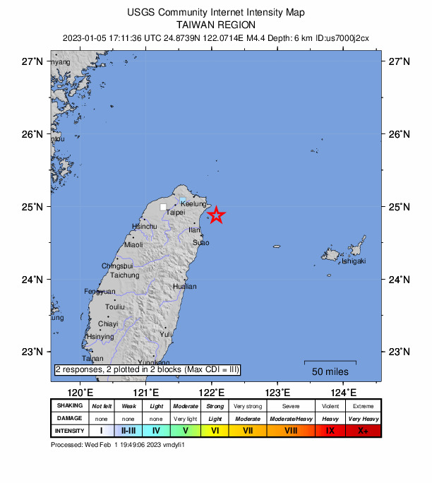 USGS DYFI community-reported intensity map for the M4.4 earthquake near Taiwan region