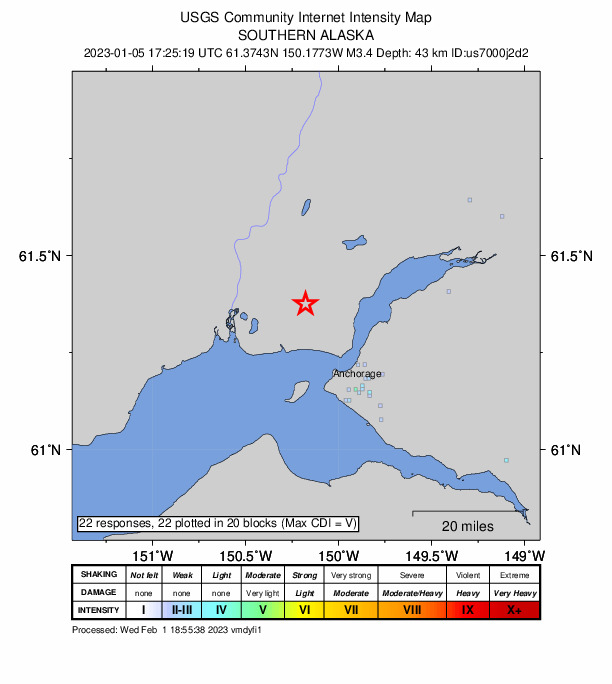 USGS DYFI community-reported intensity map for the M3.2 earthquake near 10 km W of Point MacKenzie, Alaska