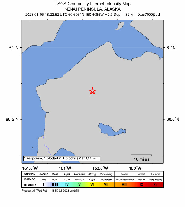 USGS DYFI community-reported intensity map for the M2.7 earthquake near 20 km NNE of Sterling, Alaska