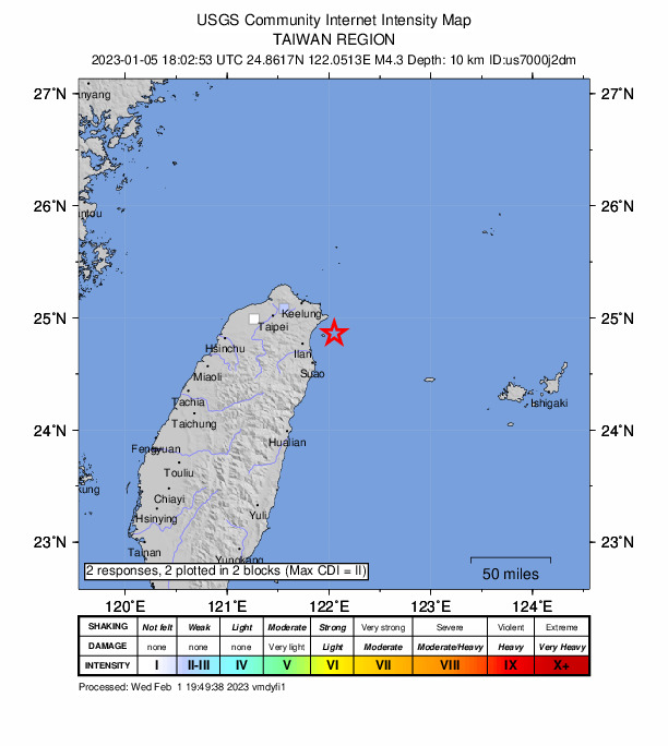USGS DYFI community-reported intensity map for the M4.3 earthquake near 32 km ENE of Yilan, Taiwan