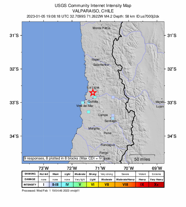 USGS DYFI community-reported intensity map for the M4.2 earthquake near 10 km NNW of Hacienda La Calera, Chile