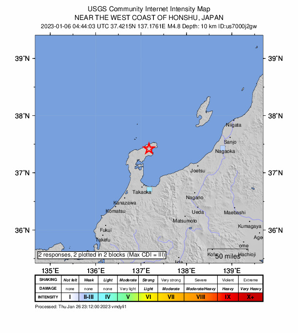USGS DYFI community-reported intensity map for the M4.8 earthquake near 45 km NNE of Nanao, Japan