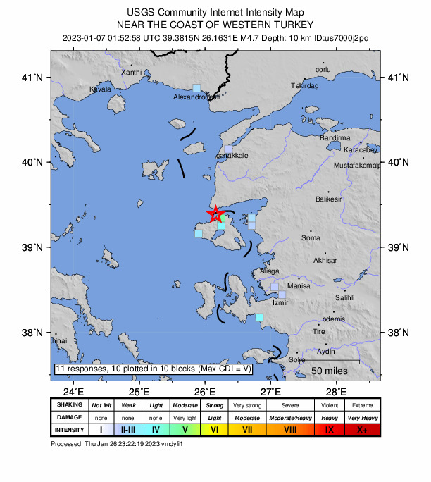 USGS DYFI community-reported intensity map for the M4.8 earthquake near 2 km N of Míthymna, Greece