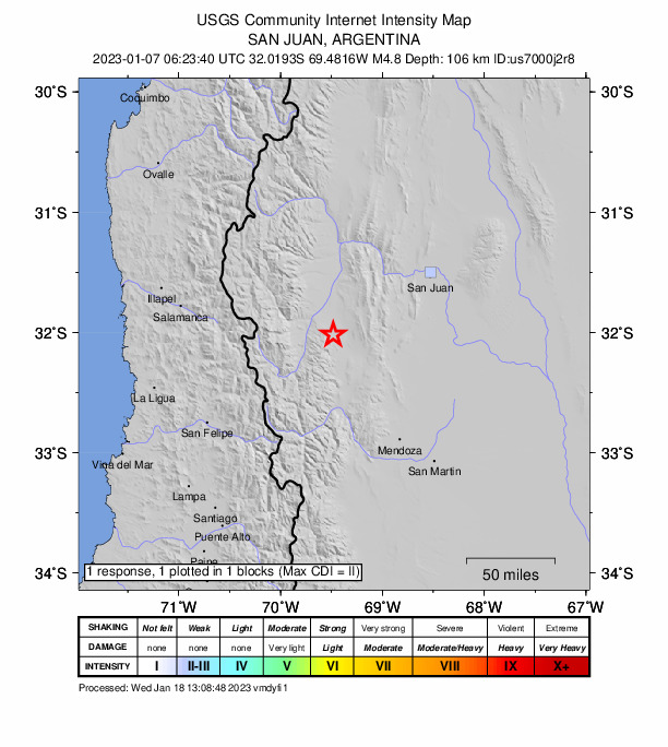 USGS DYFI community-reported intensity map for the M4.8 earthquake near 76 km S of Calingasta, Argentina