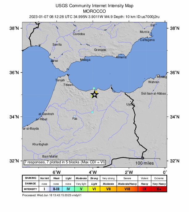 USGS DYFI community-reported intensity map for the M4.9 earthquake near Morocco