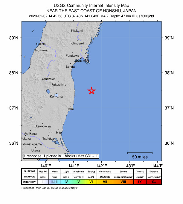 USGS DYFI community-reported intensity map for the M4.7 earthquake near near the east coast of Honshu, Japan