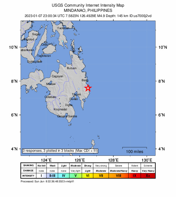 USGS DYFI community-reported intensity map for the M4.9 earthquake near Davao Oriental, Philippines