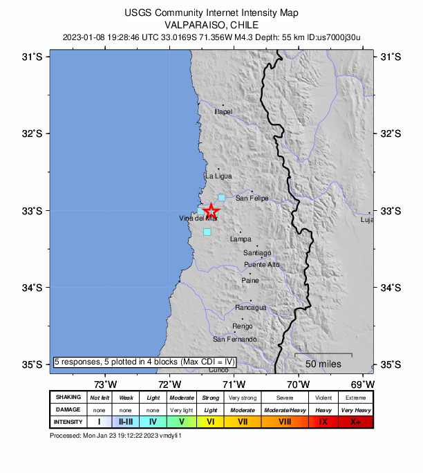 USGS DYFI community-reported intensity map for the M4.3 earthquake near 3 km NNE of Villa Alemana, Chile