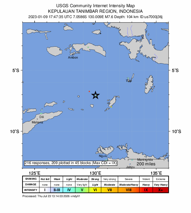 USGS DYFI community-reported intensity map for the M7.6 earthquake near Pulau Pulau Tanimbar, Indonesia