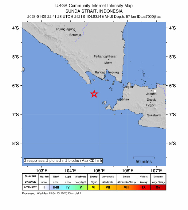 USGS DYFI community-reported intensity map for the M4.8 earthquake near 106 km SSW of Bandar Lampung, Indonesia
