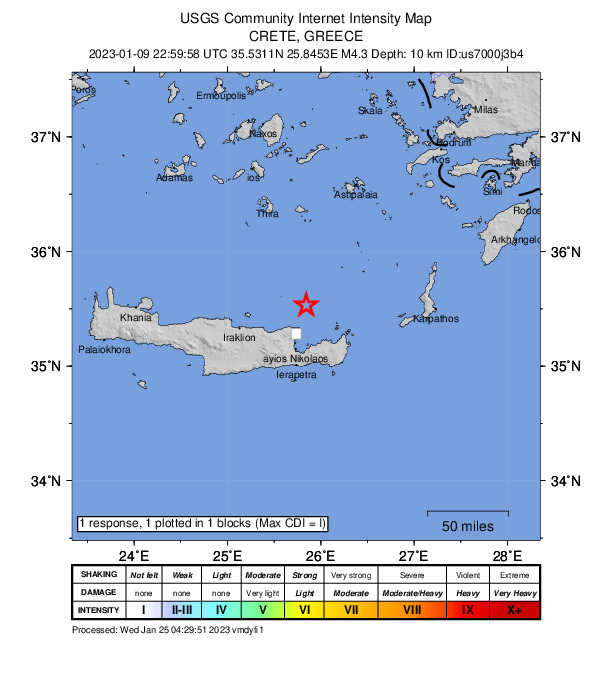 USGS DYFI community-reported intensity map for the M4.3 earthquake near Crete, Greece
