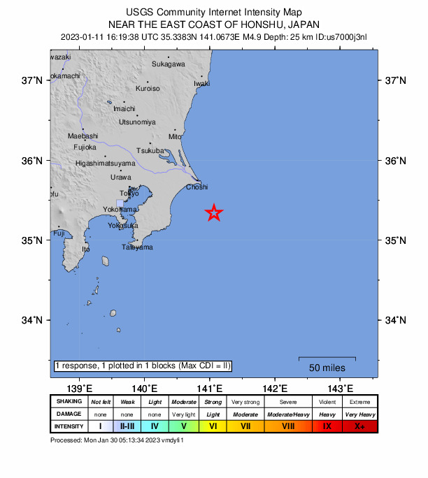 USGS DYFI community-reported intensity map for the M4.9 earthquake near 48 km SSE of Hasaki, Japan