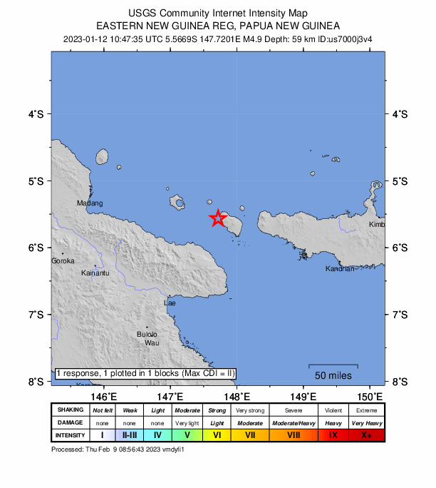 USGS DYFI community-reported intensity map for the M4.9 earthquake near eastern New Guinea region, Papua New Guinea