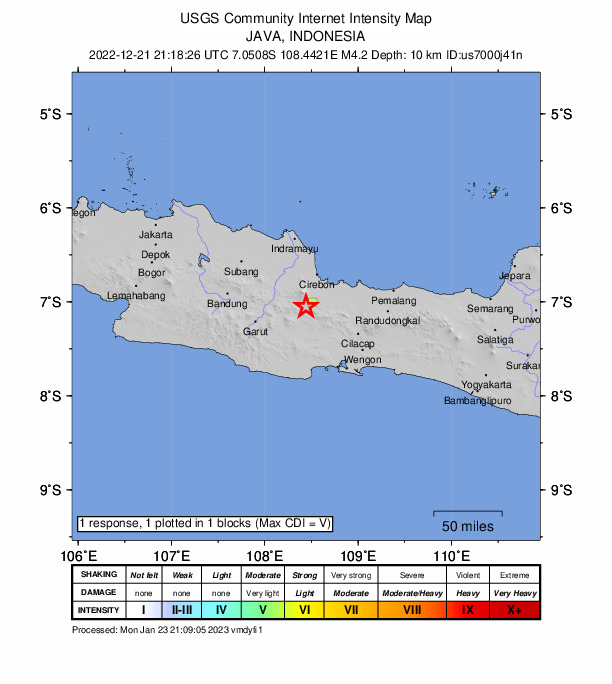 USGS DYFI community-reported intensity map for the M4.2 earthquake near 7 km SSW of Kuningan, Indonesia