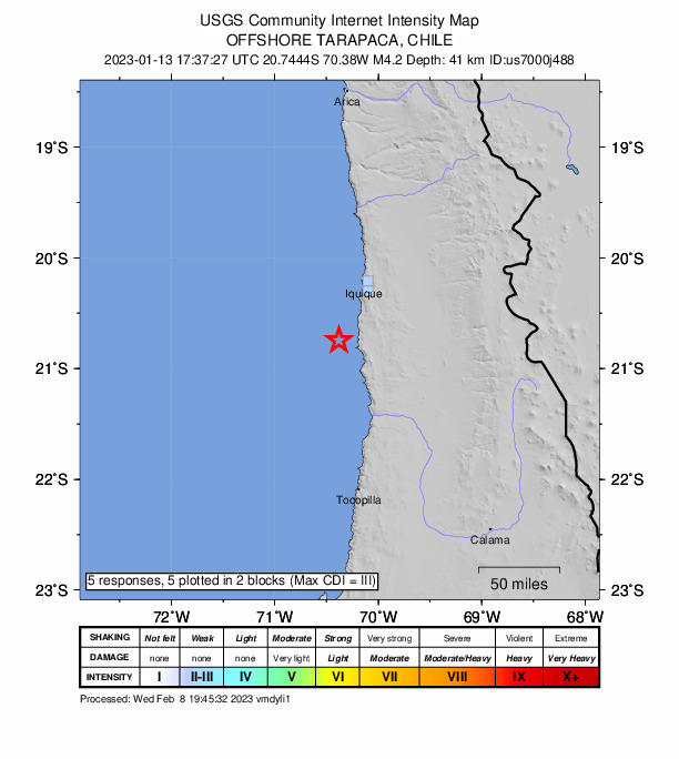 USGS DYFI community-reported intensity map for the M4.2 earthquake near 63 km SSW of Iquique, Chile