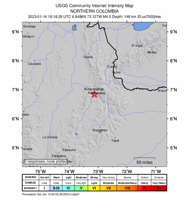 USGS DYFI community-reported intensity map for the M4.5 earthquake near northern Colombia