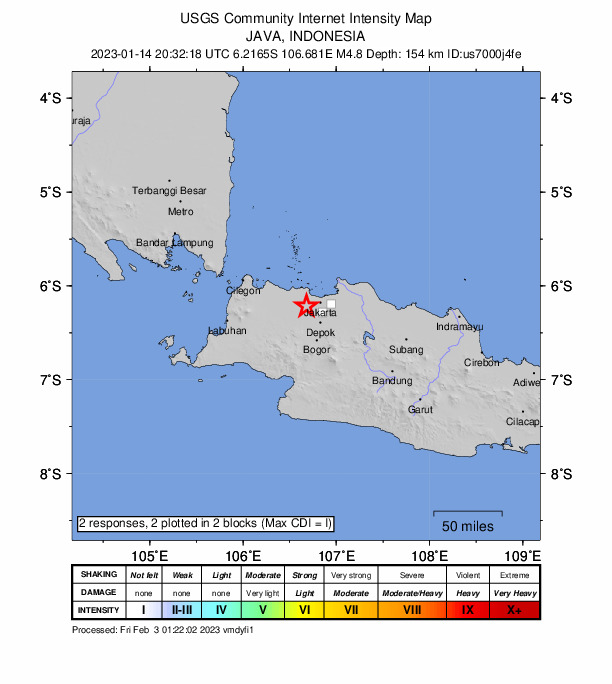 USGS DYFI community-reported intensity map for the M4.8 earthquake near 2 km NW of Ciputat, Indonesia