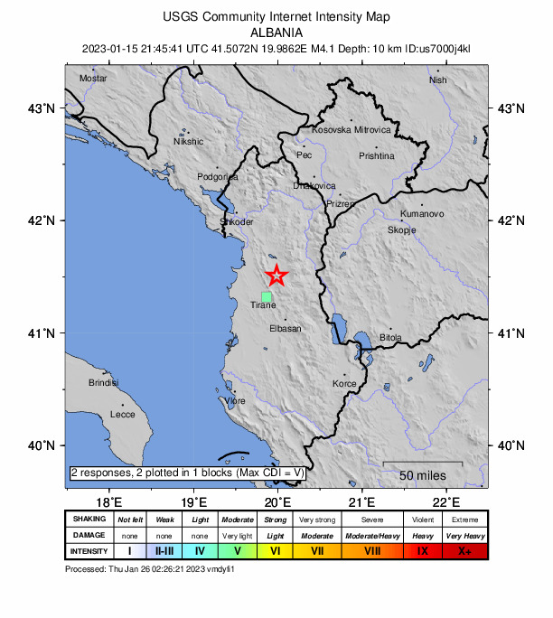 USGS DYFI community-reported intensity map for the M4.1 earthquake near 8 km W of Klos, Albania