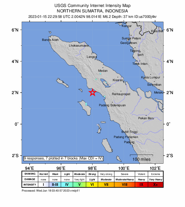 USGS DYFI community-reported intensity map for the M6.1 earthquake near 40 km SE of Singkil, Indonesia