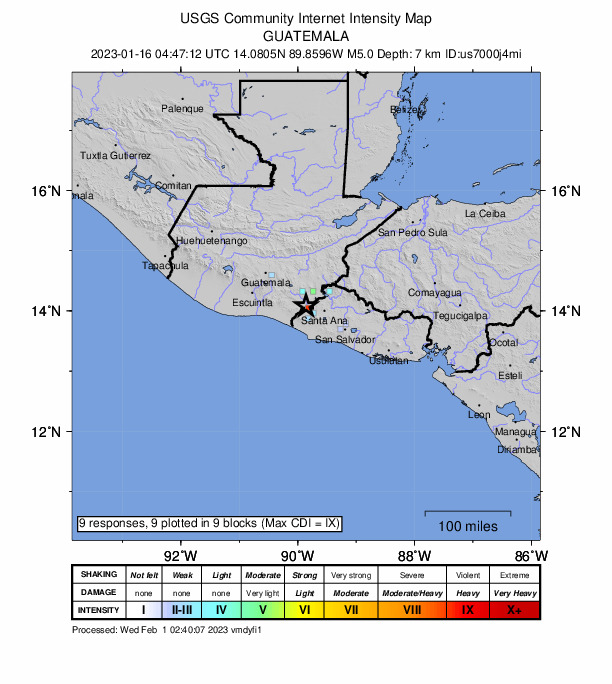 USGS DYFI community-reported intensity map for the M5.0 earthquake near 6 km ESE of Comapa, Guatemala