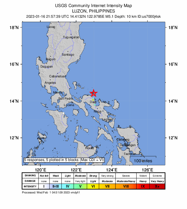 USGS DYFI community-reported intensity map for the M5.1 earthquake near 22 km NNE of Sabang Indan, Philippines