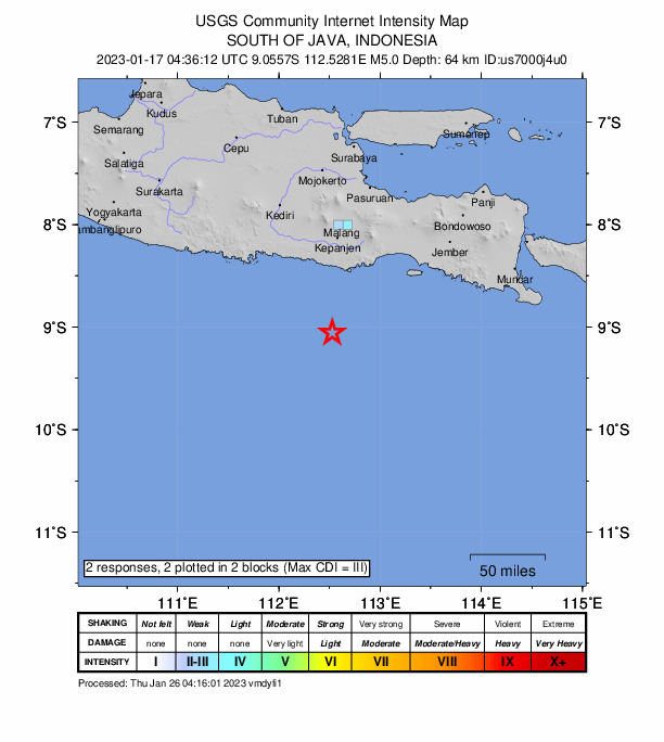 USGS DYFI community-reported intensity map for the M5.0 earthquake near 95 km SSW of Dampit, Indonesia