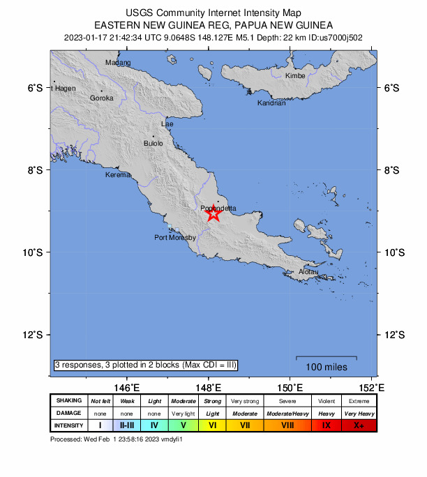 USGS DYFI community-reported intensity map for the M5.1 earthquake near 35 km SSW of Popondetta, Papua New Guinea