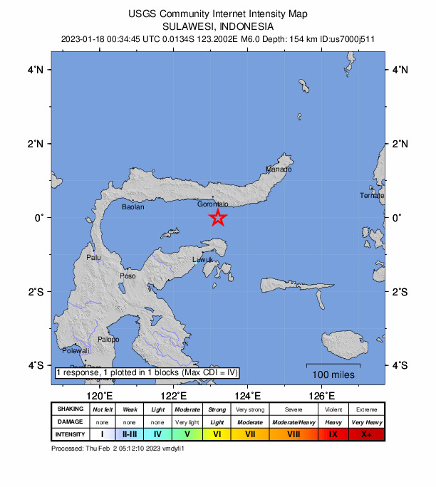 USGS DYFI community-reported intensity map for the M6.0 earthquake near 62 km SSE of Gorontalo, Indonesia