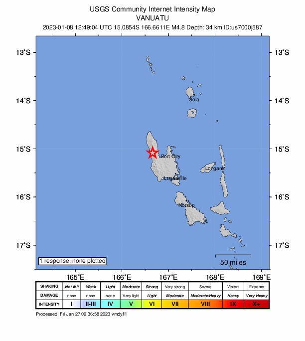 USGS DYFI community-reported intensity map for the M4.8 earthquake near 45 km W of Port-Olry, Vanuatu