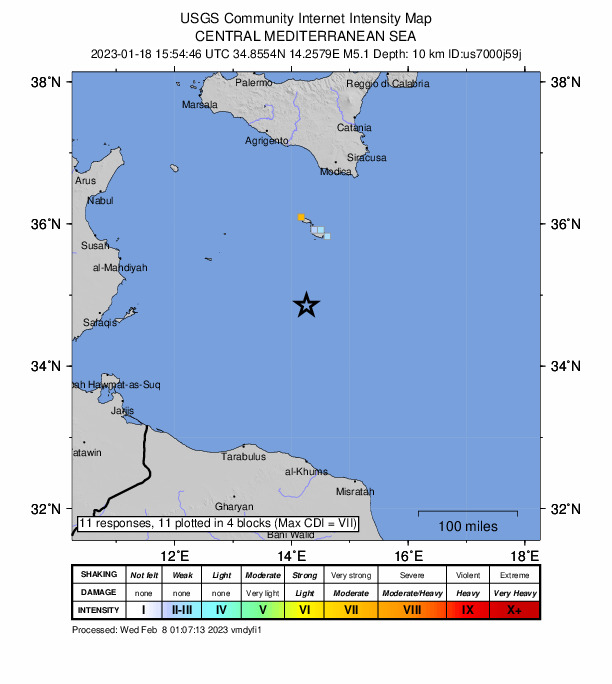 USGS DYFI community-reported intensity map for the M5.1 earthquake near 110 km S of ?urrieq, Malta