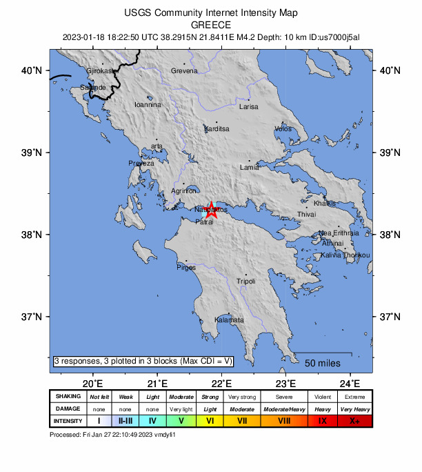 USGS DYFI community-reported intensity map for the M4.2 earthquake near 2 km NNE of Áno Kastrítsi, Greece