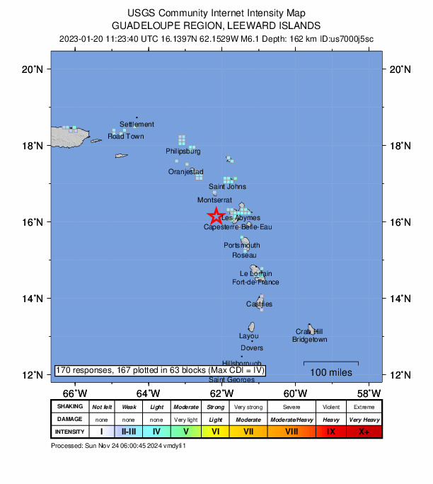 USGS DYFI community-reported intensity map for the M6.1 earthquake near 40 km WSW of Pointe-Noire, Guadeloupe
