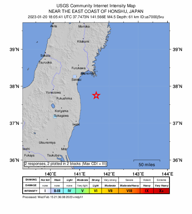 USGS DYFI community-reported intensity map for the M4.5 earthquake near 57 km ENE of Namie, Japan