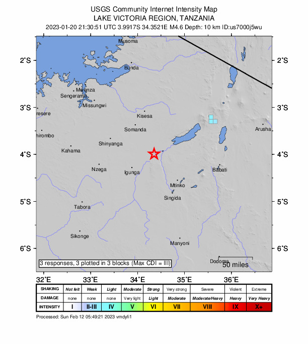 USGS DYFI community-reported intensity map for the M4.6 earthquake near 30 km N of Kiomboi, Tanzania