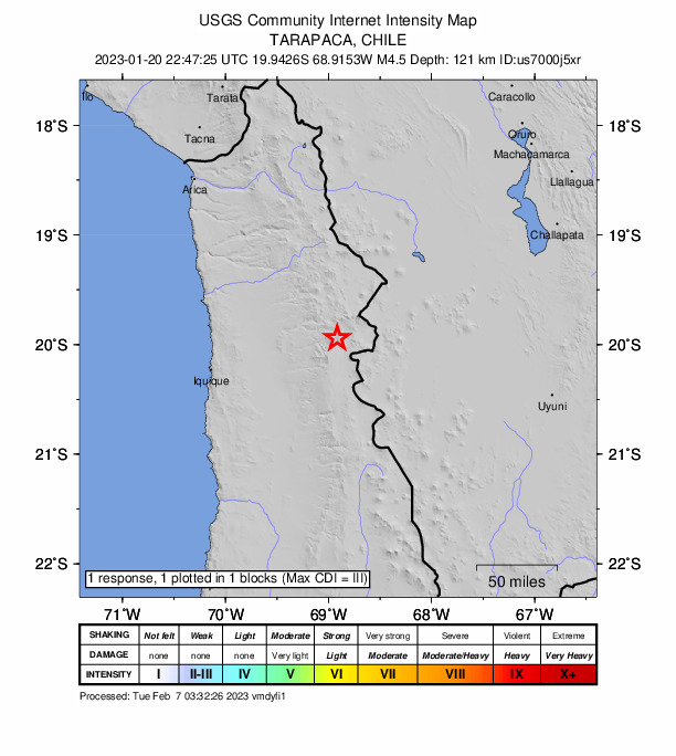 USGS DYFI community-reported intensity map for the M4.5 earthquake near 79 km SSW of Colchane, Chile