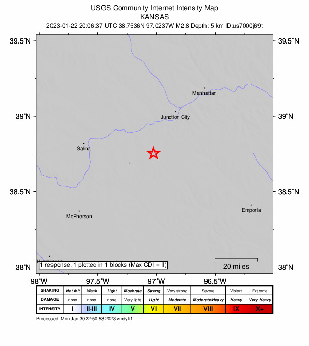 USGS DYFI community-reported intensity map for the M2.8 earthquake near 7 km SW of Woodbine, Kansas