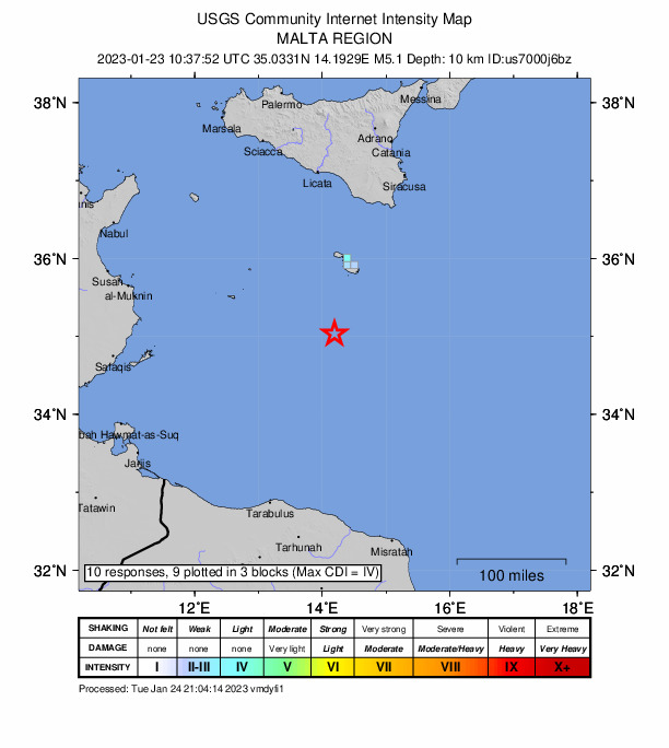 USGS DYFI community-reported intensity map for the M5.1 earthquake near 98 km SSW of ?urrieq, Malta