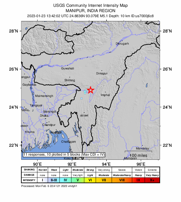USGS DYFI community-reported intensity map for the M5.1 earthquake near 12 km NE of Lakhipur, India