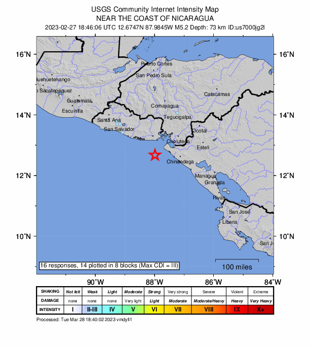 USGS DYFI community-reported intensity map for the M5.2 earthquake near 50 km W of Jiquilillo, Nicaragua
