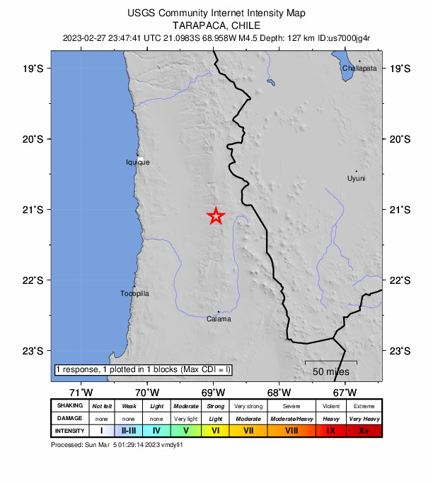 USGS DYFI community-reported intensity map for the M4.5 earthquake near Chile-Bolivia border region