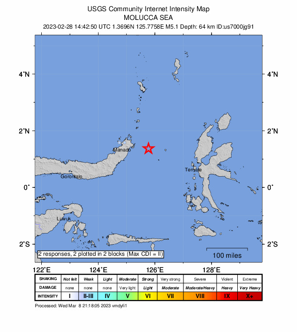 USGS DYFI community-reported intensity map for the M5.1 earthquake near 72 km E of Bitung, Indonesia