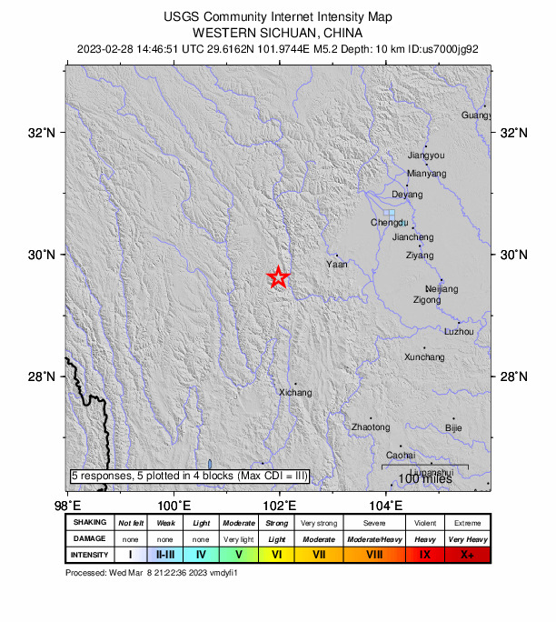 USGS DYFI community-reported intensity map for the M5.2 earthquake near 42 km S of Kangding, China