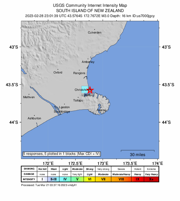 USGS DYFI community-reported intensity map for the M3.0 earthquake near 1 km SE of Clifton, New Zealand
