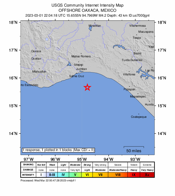 USGS DYFI community-reported intensity map for the M4.2 earthquake near 78 km SSE of San Mateo del Mar, Mexico